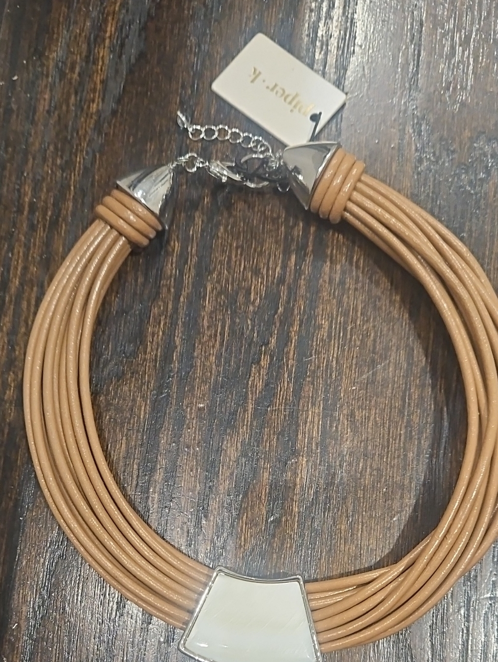 Tan Multi-Strand Cord Necklace with Silver Accents